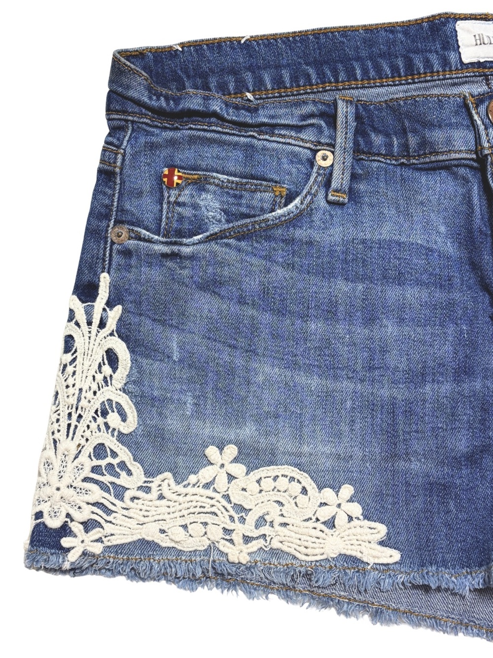 new Amber Fray Raw Edge Hem Denim Shorts with Lace Applique - Picture 14 of 16